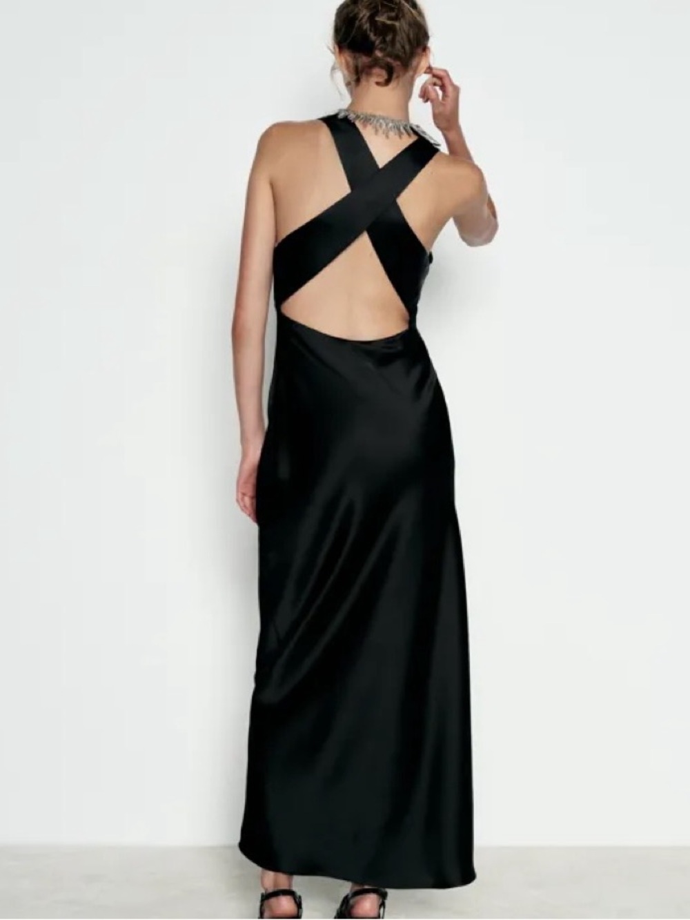 Zara Black Satin Open-Cross Back Maxi Dress